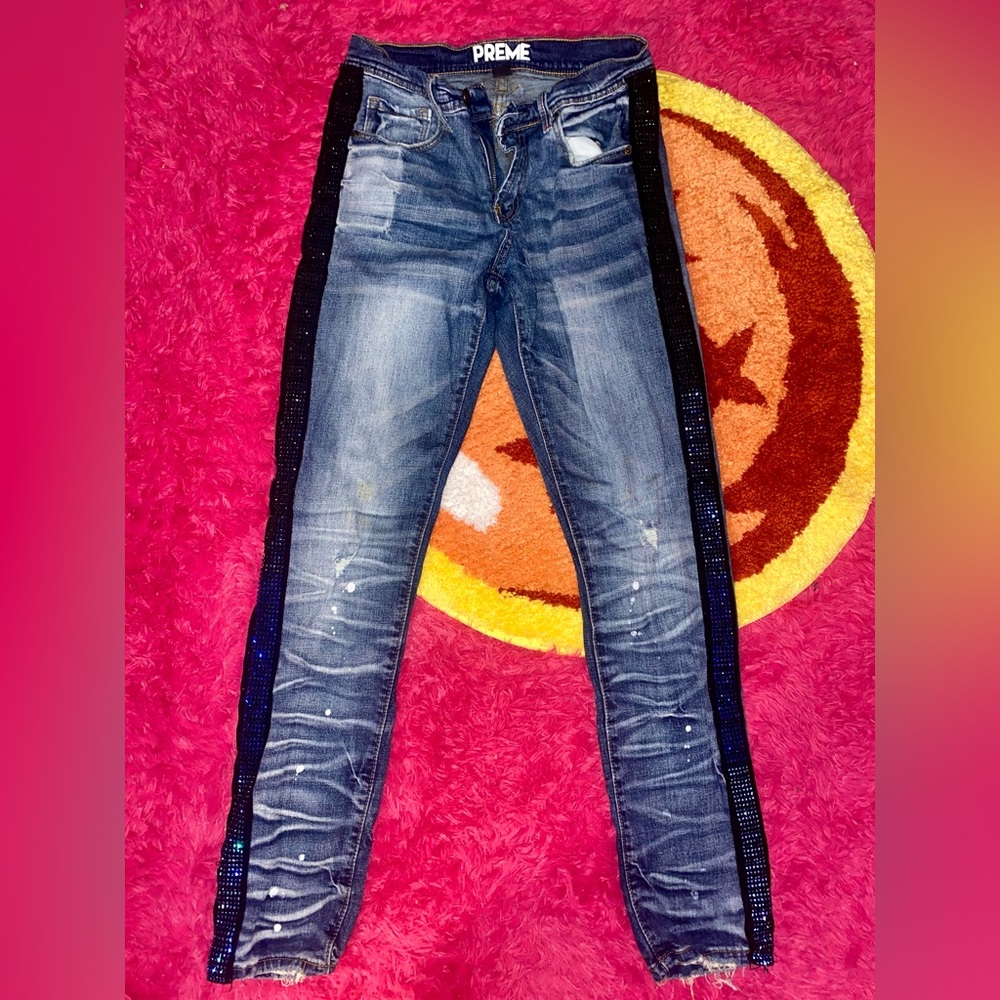 Preme men’s rhinestone distressed unique jeans